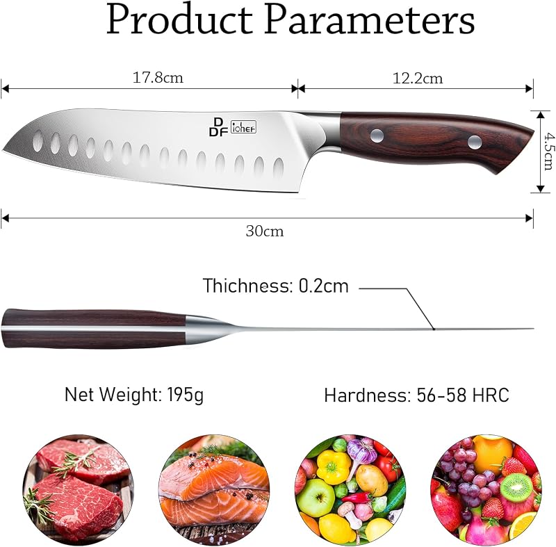 Kochmesser, Küchenmesser Santokumesser 18cm Profi Messer Scharfe Messerklinge mit Ergonomischer Griff für Haus und Restaurant — Foto 4 von 7