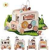 Etucdose Wooden Activity Cube 8-in-1 Montessori Toys | Multifunctional Early Educational Learning Toys | Wooden Toy for Baby Shape Sorter Xylophone Animal Travel Bus Boy Girl Birthday Gift(Beige Bus)