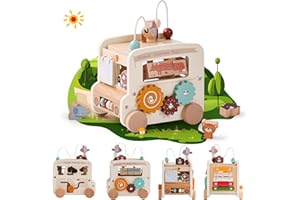ETUCDOSE Wooden Activity Cube 8-in-1 Montessori Toys | Multifunctional Early Educational Learning Toys | Wooden Toy for Baby Shape Sorter Xylophone Animal Travel Bus Boy Girl Birthday Gift（Beige Bus）