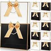 Supervitae 12pcs Thank You Gift Bags with Handles 11.8 x 4 x10 Inch Medium Large Paper Gift Bags with Bow Ribbon for Wedding Birthday Baby Shower Bridesmaid Party (Black,White,Gold)