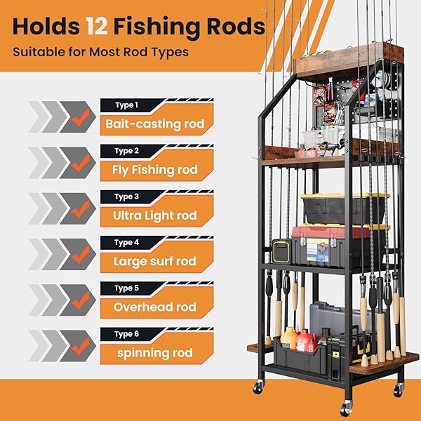KITIVIALA FISHING ROD HOLDER FOR GARAGE WITH HOOKS & PEGBOARD, 3-TIER FISHING POLE RACK HOLDS 12 RODS, ROLLING FISHING ROD STORAGE ORGANIZER WITH WOODEN TOOL BOX, FISHING TACKLE SHELF FOR ANGLERS
