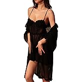 OSUGA Women Sexy Lace Lingerie Set 2 Piece Babydoll & Kimono Robe Strap Chemise Sleepwear Polka Dots Nightgown