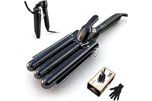 Mistcado 3 Barrel Curling Iron, 1 Inch Ceramic Tourmaline Hair Waver Wand with LCD Temperature Display, Fast Heating Foldable Crimpers for Travel Glove Included (Black)