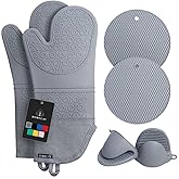 Rorecay 6pcs Oven Mitts and Pot Holders Sets for Kitchen, Extra Long Silicone Oven Gloves High Heat Resistant 500 Degrees Non-Slip Potholders Hot Pads for Baking Cooking, Grey