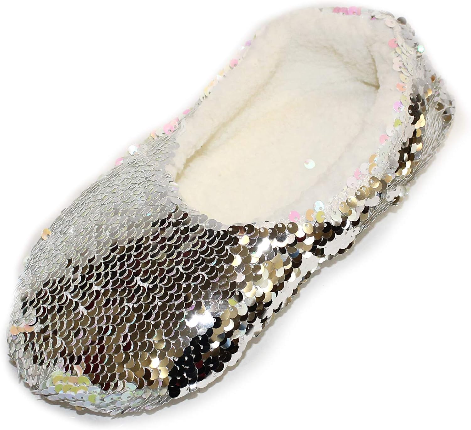 Girls Reversible Sequin Silver Slipper Kids Fleece Lined House Shoe