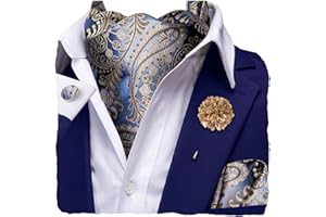 Hi-Tie Silk Ascot for Men Self Tie Men's Cravat and Flower Lapel Pin Handkerchief Cufflinks Set for Wedding Party