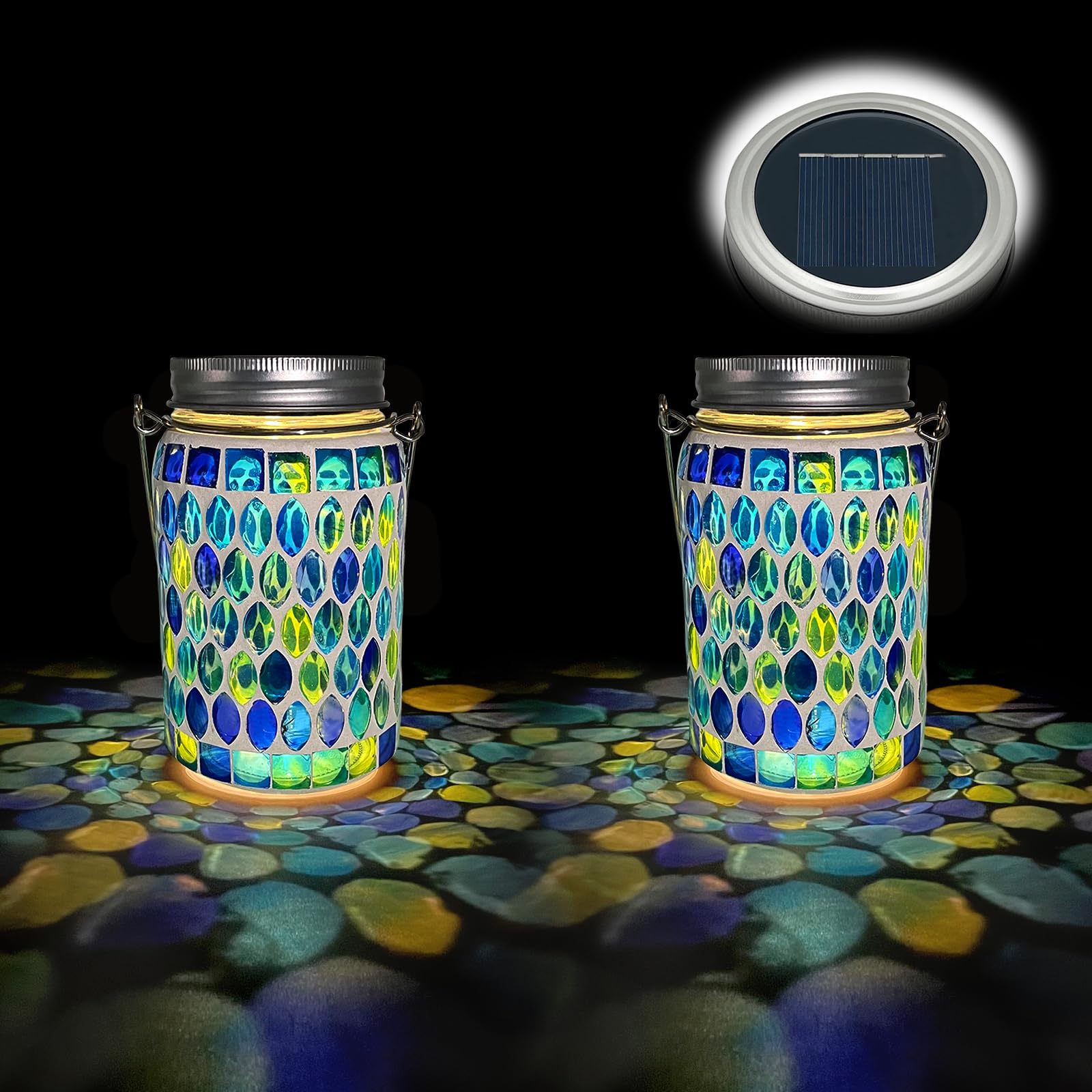 TOTHDATE 2PCS Mosaic Solar Lights Outdoor Garden, On/Off Glass Hanging Solar Mosaic Lanterns Lights IP65 Waterproof for Table Lawn Path Courtyard Deck Fence, Blue Mosaic Glass