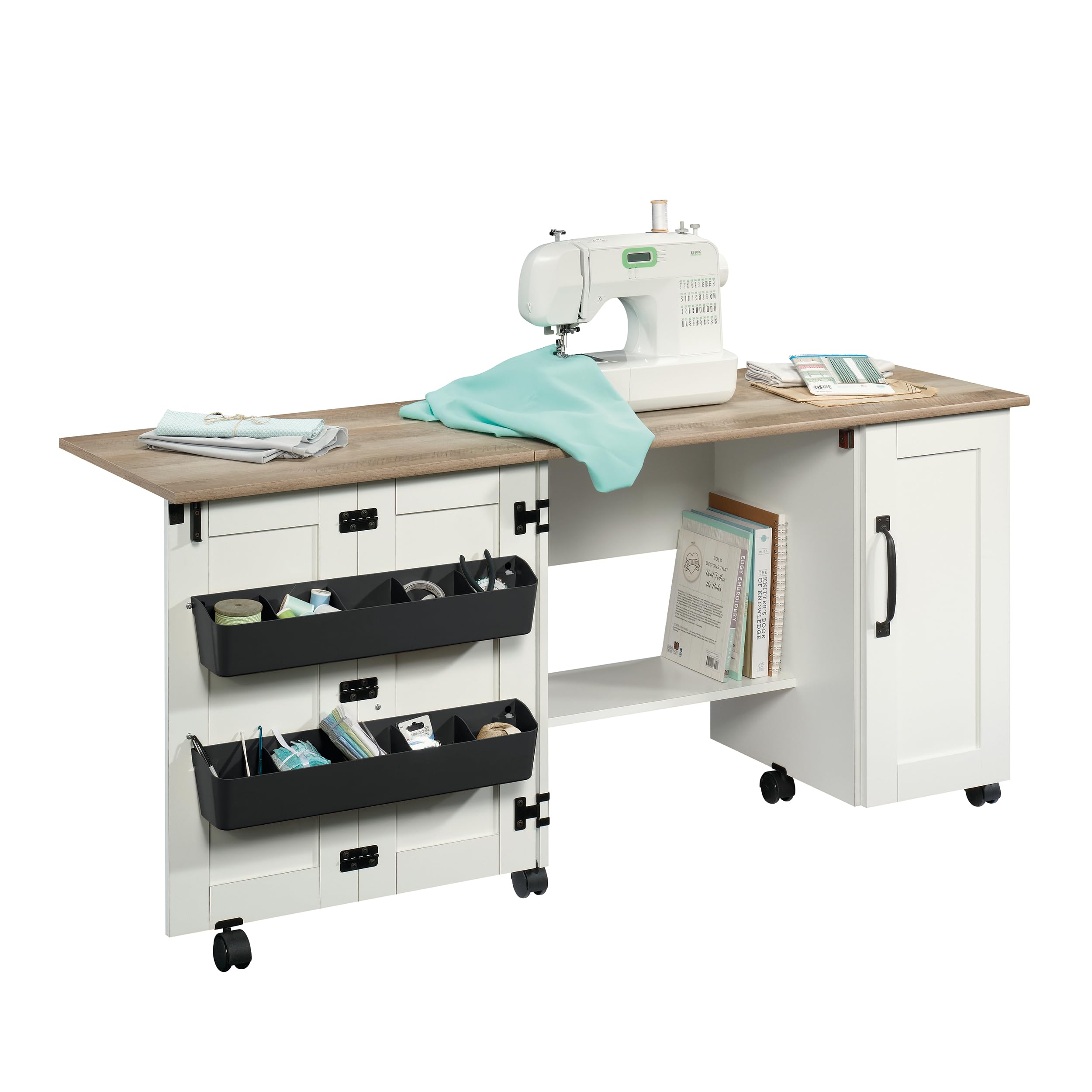 Sauder Miscellaneous Storage Sewing Cart, Drop-Leaf Craft Table, Sewing Table with Storage - Soft White Finish