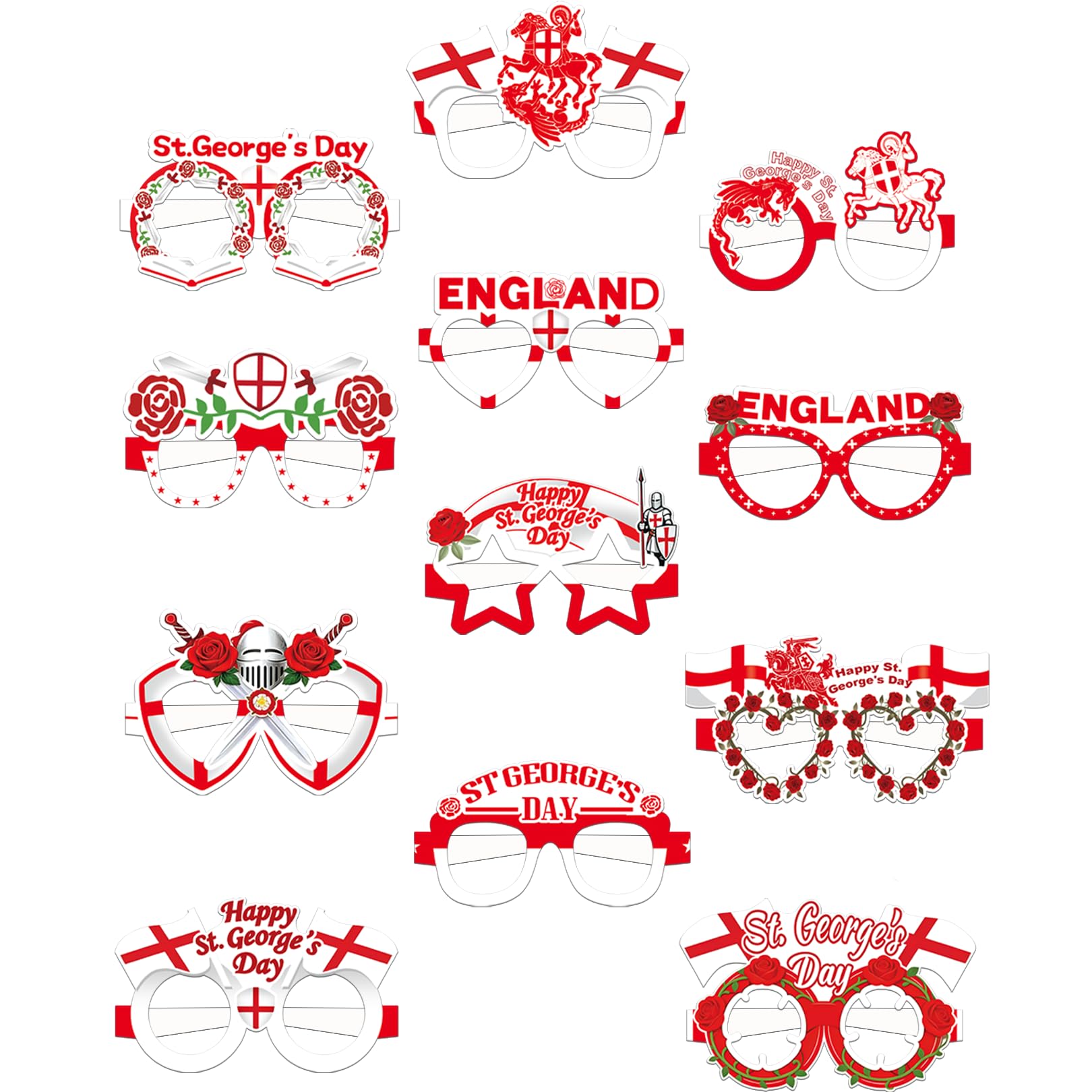 Flankor 12Pcs St Georges Day Party Glasses, England National Day Party Paper Eyeglasses for St. George's Day Accessories Photo Booth Props