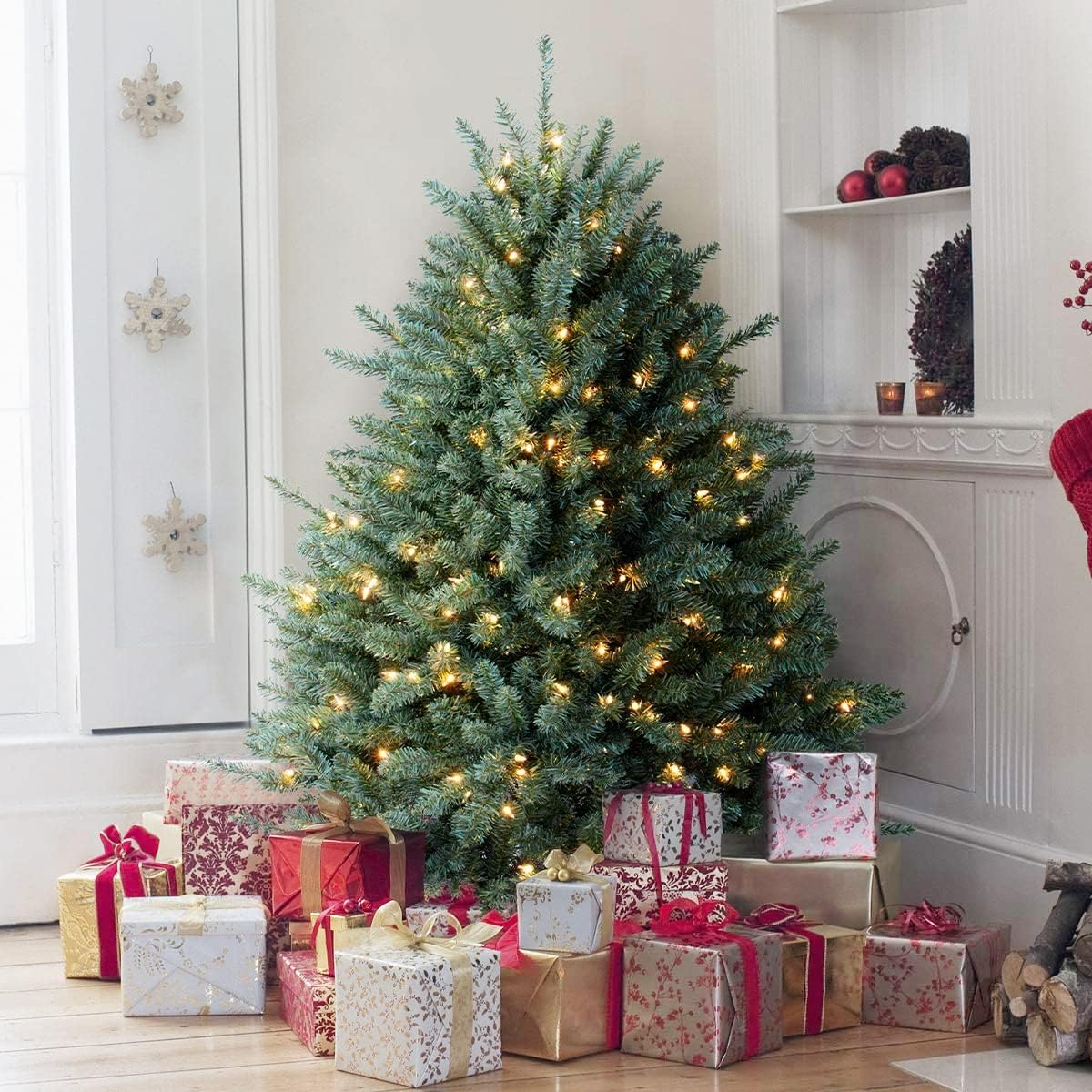 Trees - OasisCraft 4.5FT Pre-lit Christmas Tree Premium Hinged Blue Spruce Artificial Christmas Tree with 300 Clear Lights, Full Xmas Tree