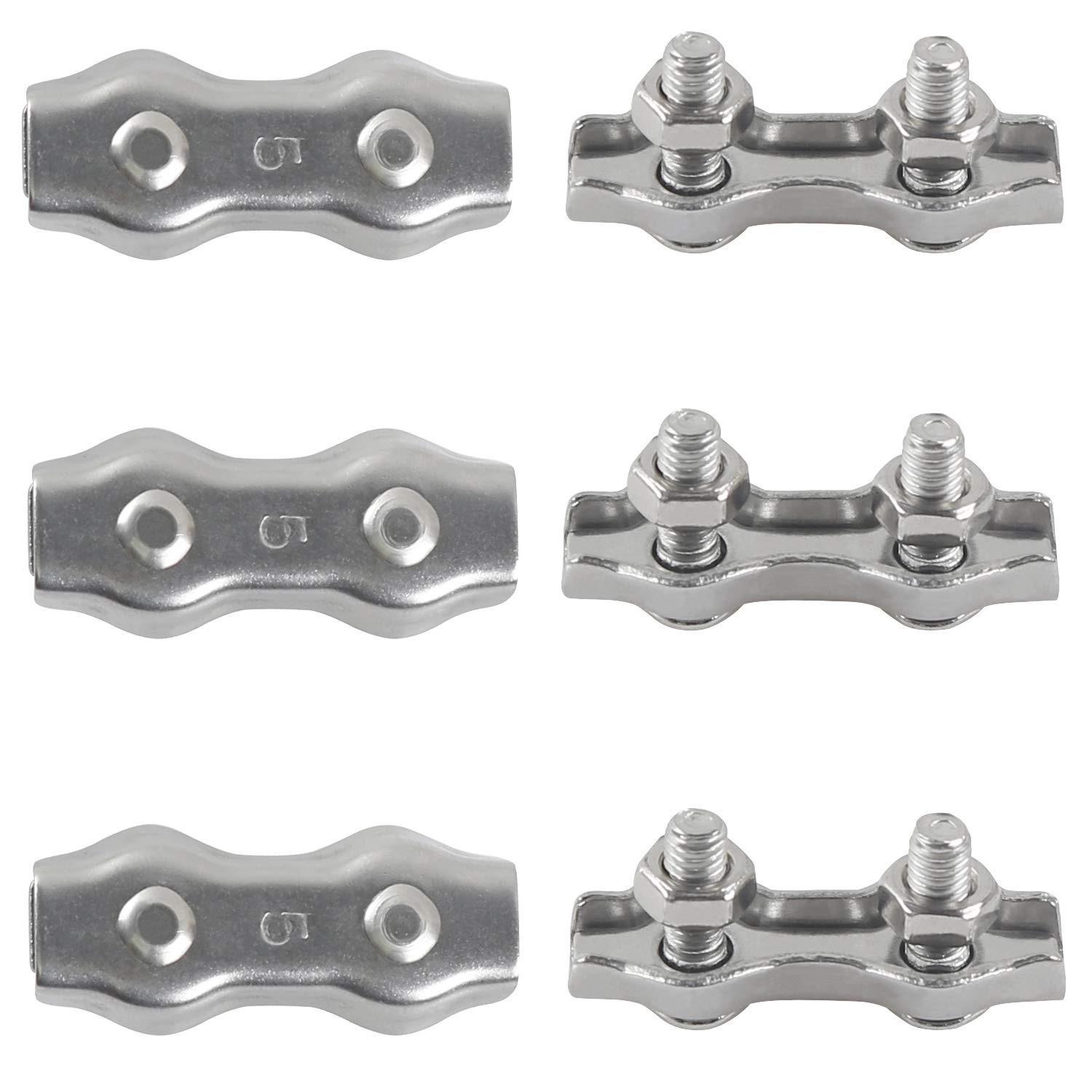 Rshuhx M5 Duplex Clamp 304 Stainless Steel Heavy Duty Wire Rope Clips Duplex Bolt Cable Clamp for Wire Rope Clotheslines Fixed Patio Hanging Sun Sails 6PCS