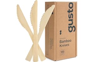 GUSTO [100 Count] Natural Bamboo Disposable Knives - Biodegradable and Eco-Friendly Utensils for Outdoors, Parties, and Event