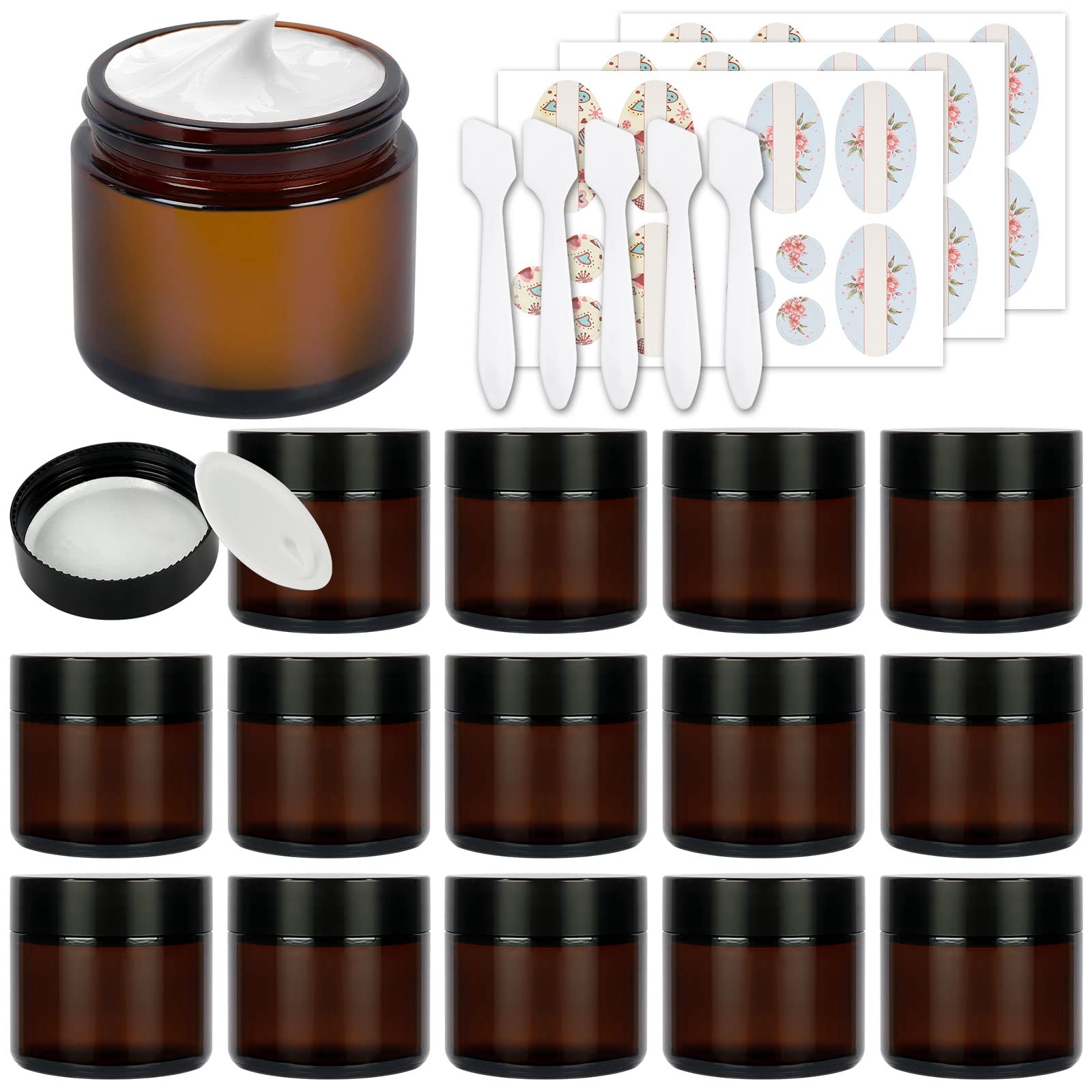 SHiZAK 2 oz 60 ml Round Amber Glass Jars 15 Pack, Empty Cosmetic Container, Face Cream Lotion Storage Jars with White Inner Liners and Black Lids