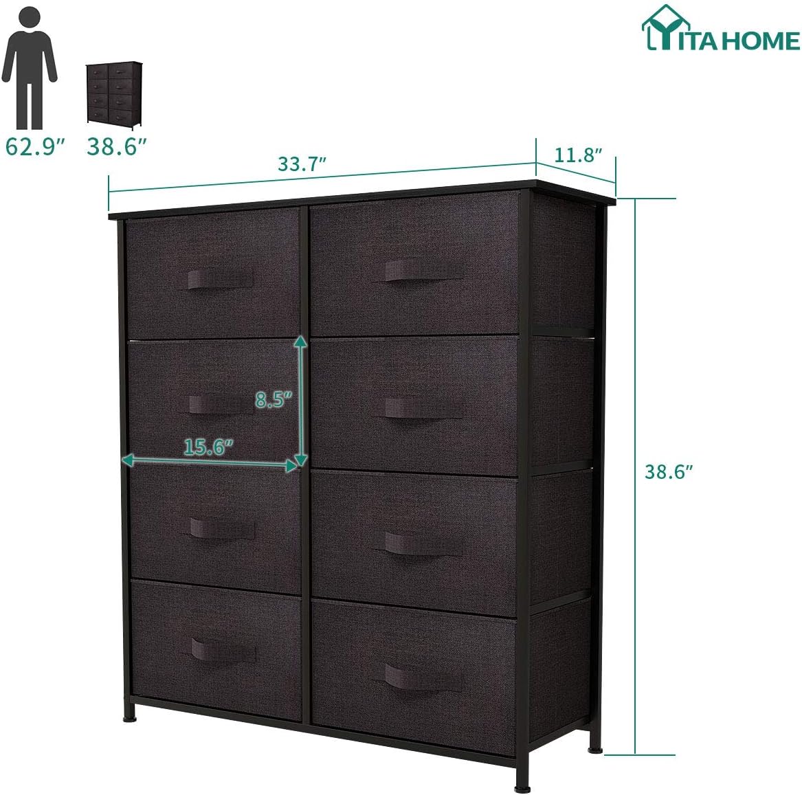 YITAHOME Storage Tower with 8 Drawers - Fabric Dresser with Large Capacity, Organizer Unit for Bedroom, Living Room & Closets - Sturdy Steel Frame, Easy Pull Fabric Bins & Wooden Top (Brown): Home Improvement