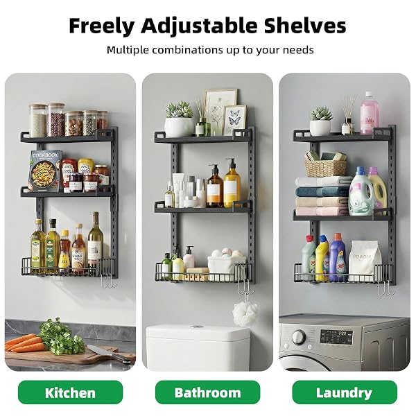 KALRIN 3 TIER BATHROOM SHELVES OVER TOILET – WALL MOUNTED FLOATING SHELVES WITH DRAIN BASKET, TOILET PAPER STORAGE, HEIGHT ADJUSTABLE OVER THE TOILET STORAGE, PURE BLACK