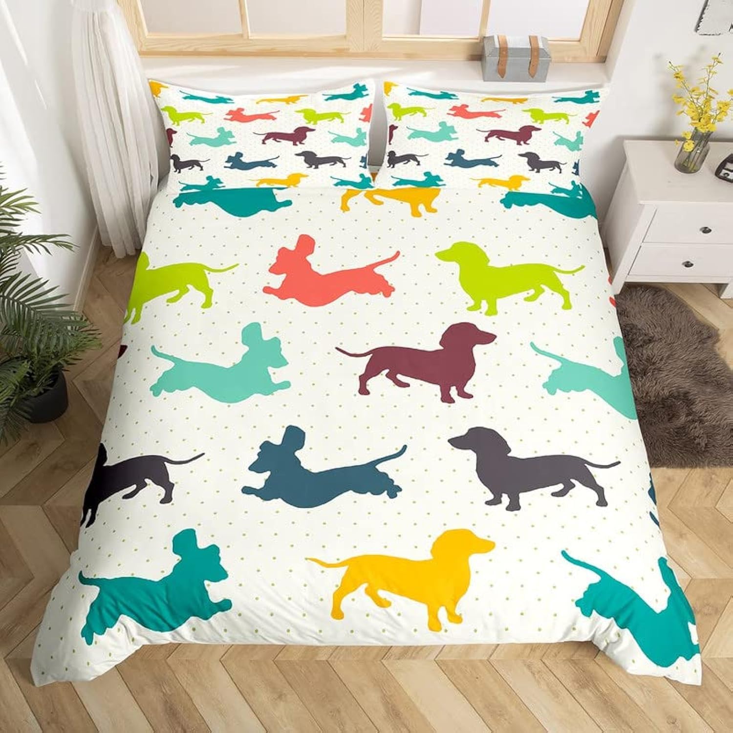 Homemissing Sausage Dog Duvet Cover Colorful Dachshund Bedding Set for Kids Boys Girls Cartoon Dachshund Puppy Comforter Cover Cute Puppy Dog Bedspread Cover 3Pcs Zipper Double — image 1