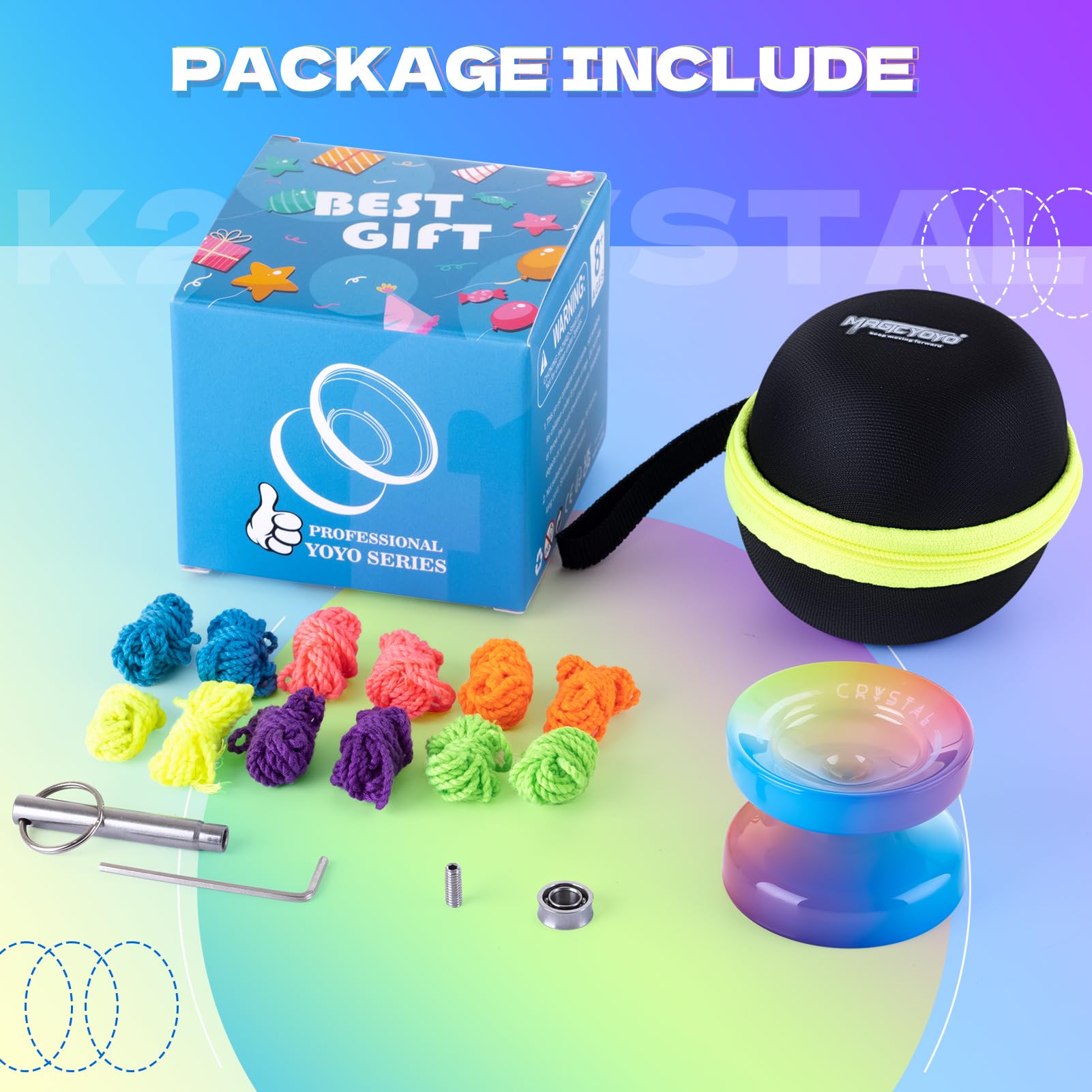 Responsive Yoyo for Kids Beginners, Professional Yo yo Crystal K2, Dual Purpose Yo-Yo for Adults + Extra Unresponsive Yo Yo Bearing + 12 YoYo Strings + Storage Bag ( Yellow Pink Blue Gradient)