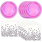 HiEnjoin 40pcs Pink Iridescent Party Plates And Napkins, Holographic Pink Birthday Plates Disposable Tableware Decorations For Mermaid Birthday Wedding Party Supplies Decor