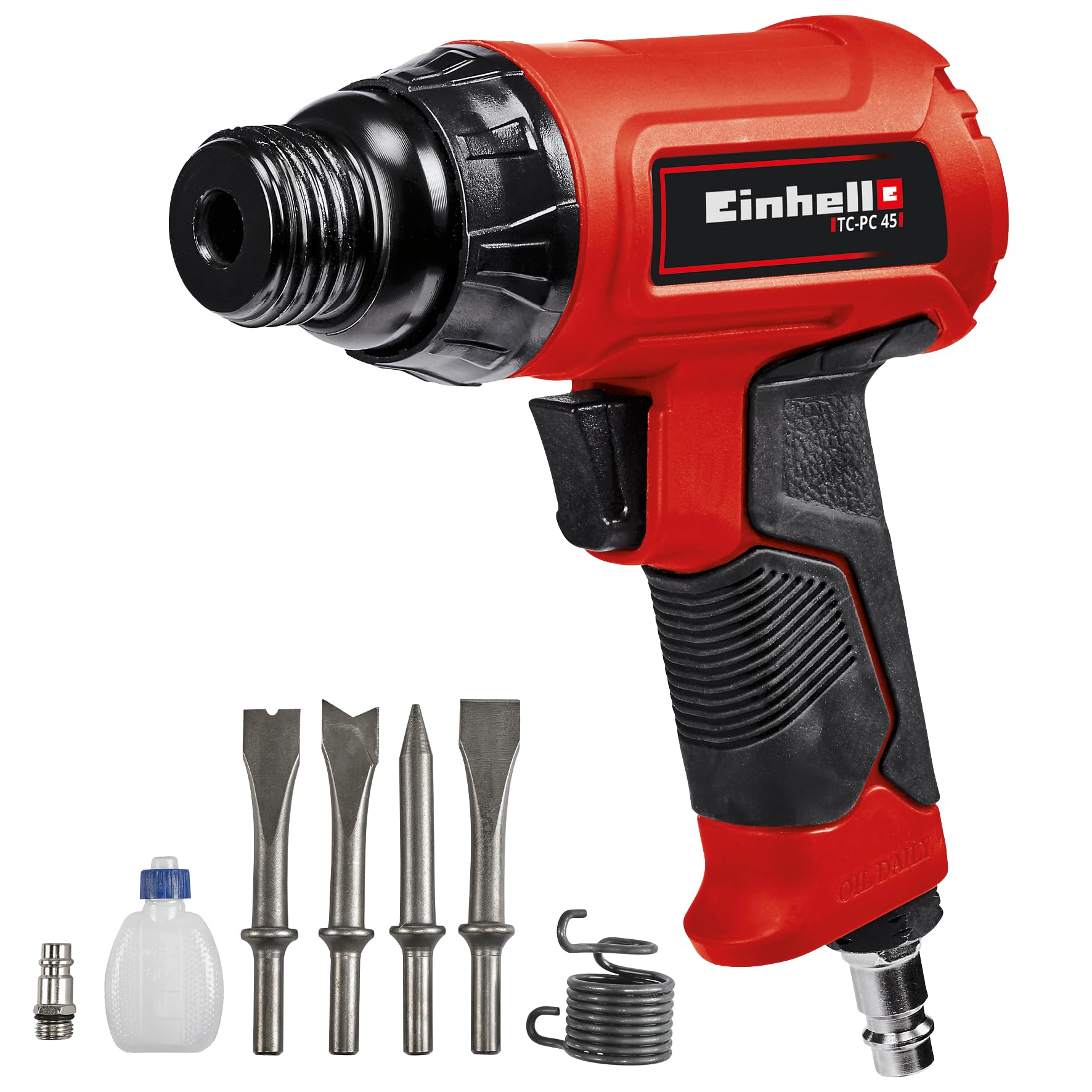 Einhell TC-PC 45 Compressed Air Chisel Hammer Set (for Stone and Metal, Includes 4-Piece 120 mm Chisel Set, Needle Scaler Attachment, Oil Bottle (Without Contents), Plug Nipple