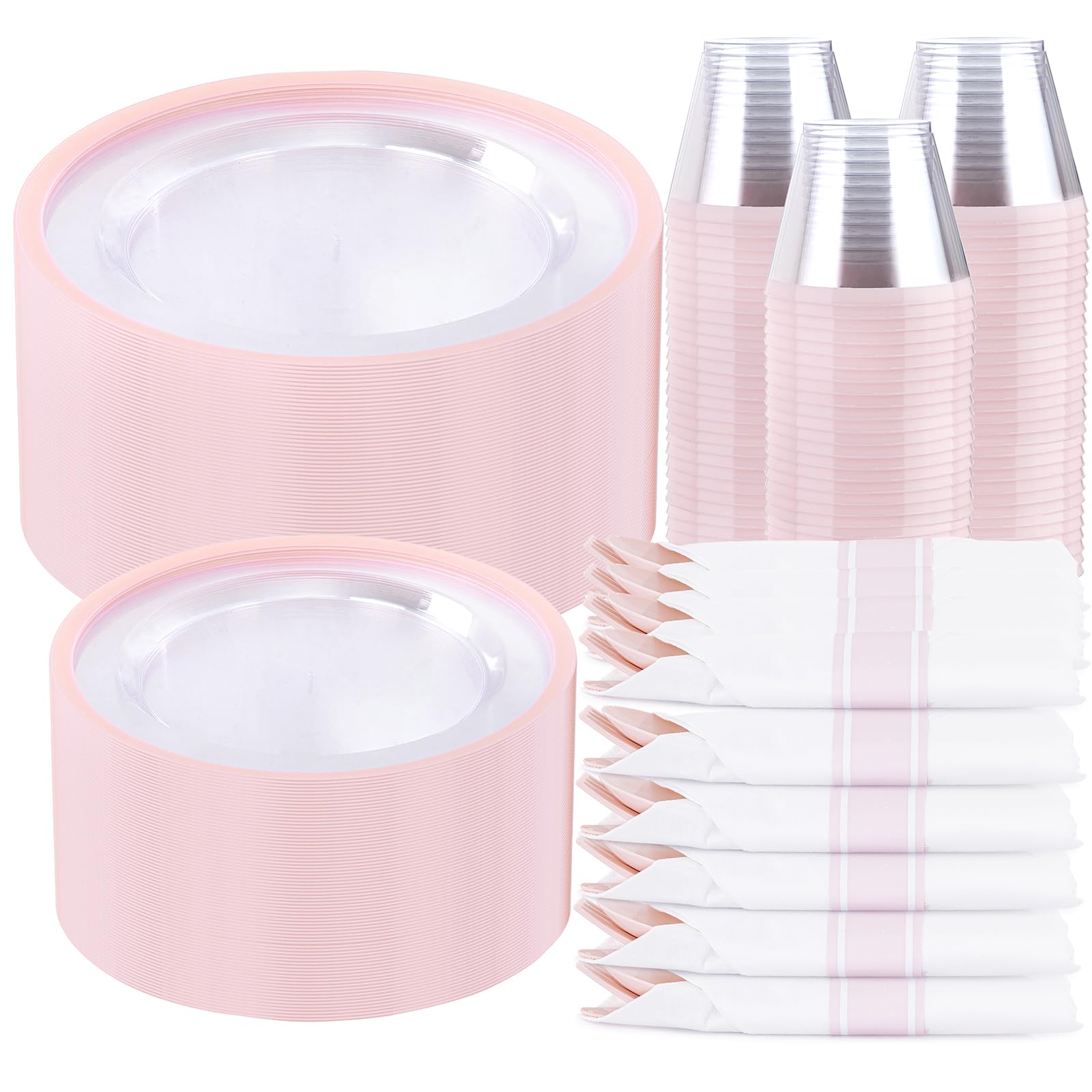 Photo 1 of I00000 210 Pcs Clear Pink Plates for 30 Guests, Pink Dinnerware Include 60 Plates, 30 Cups, 30 Pre Rolled Napkins with Cutlery Set for Party and Wedding