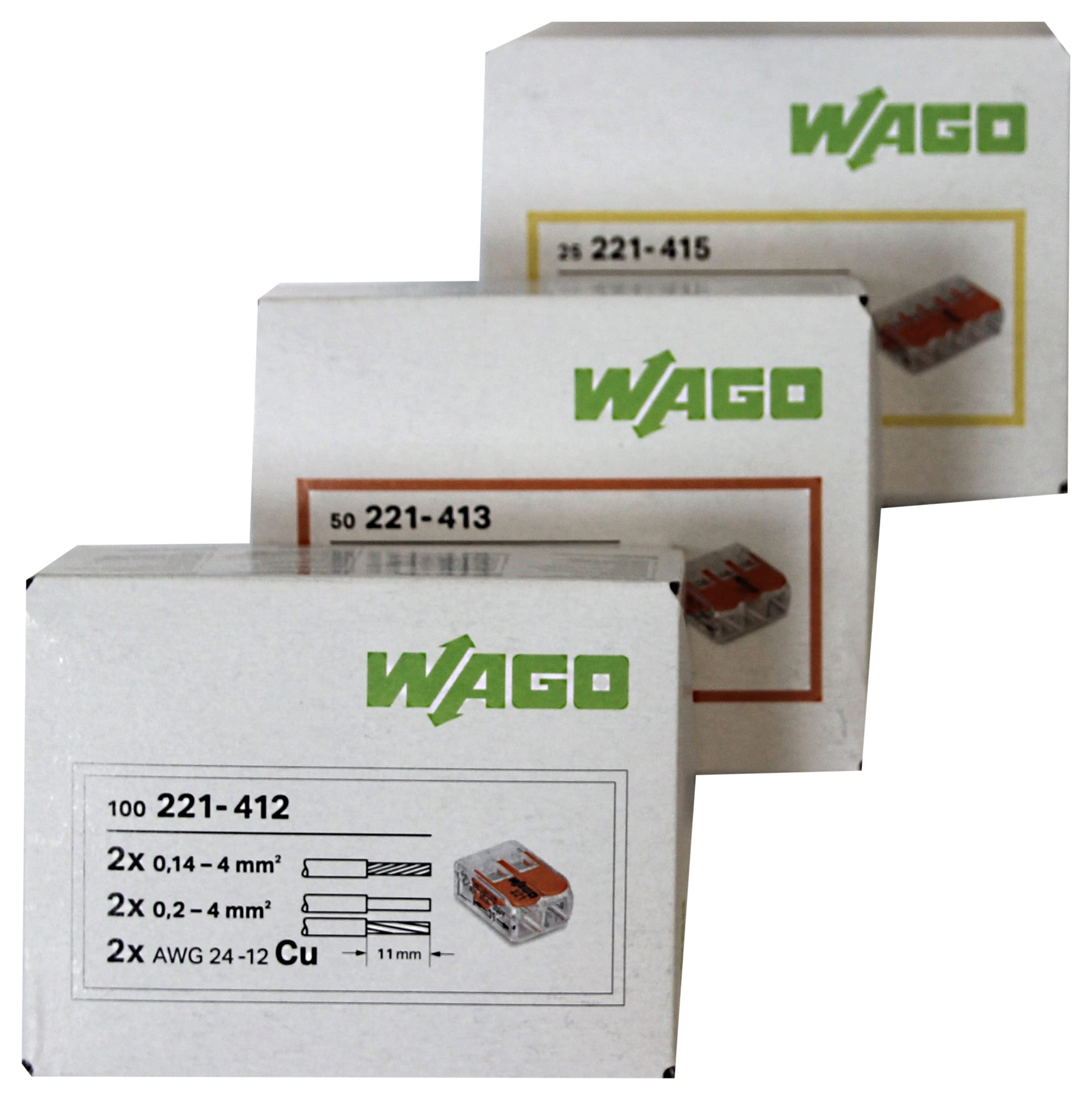 Wago 221 Clamps Set 100 x 221-412, 50 x 221-413, 25 x 221-415, Cable Connector, Original Wago, Orange