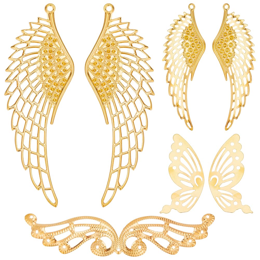 SUNNYCLUE 1 Box 58Pcs Gold Filigree Connectors Filigree Charm Pack Filigree Embellishments Filigree Angel Wings Hollow Wing Charms Connector Charms for jewellery Making DIY Earrings Bracelet Necklace