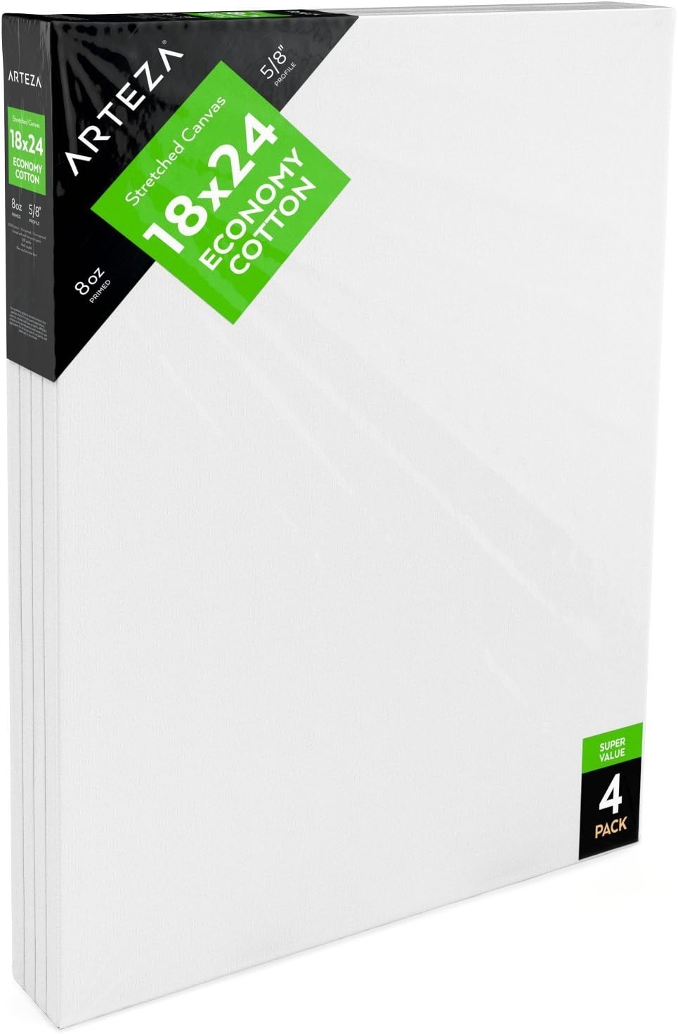 Arteza Stretched Art Canvas, Pack of 4, 45.7 x 61 cm, 8 oz Gesso Primed