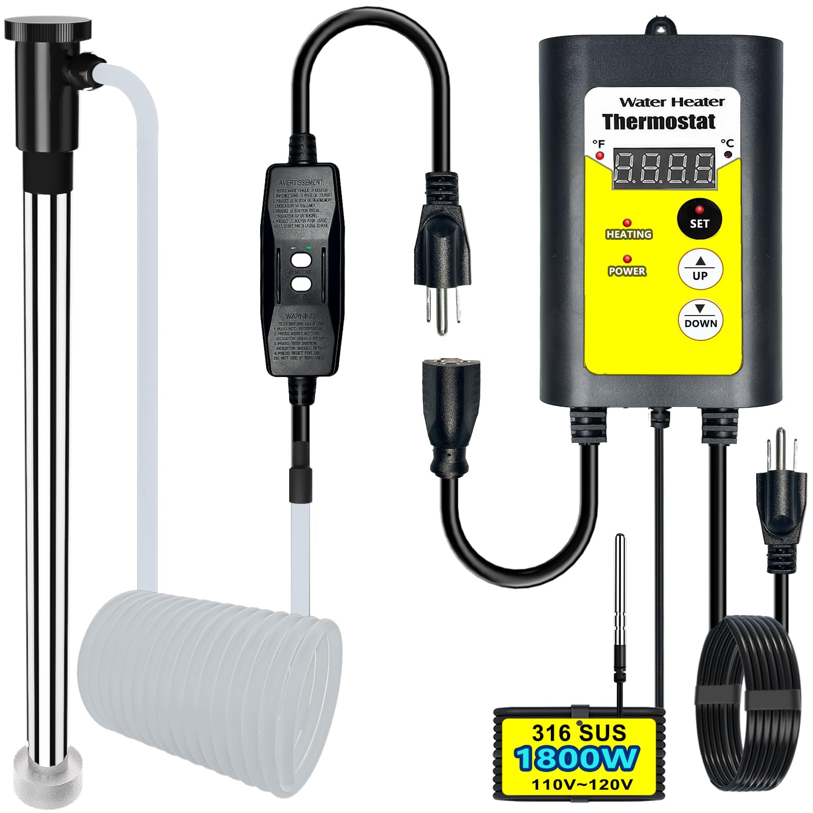 Photo 1 of 1800W Portable Water Heater for Hot Tub &Bath - Submersible Baptistry Heaters for Baptismal Stock Tank, Immersion Heaters with Thermostat for Bathtub Spa, Small Above Ground Pool Water Heater