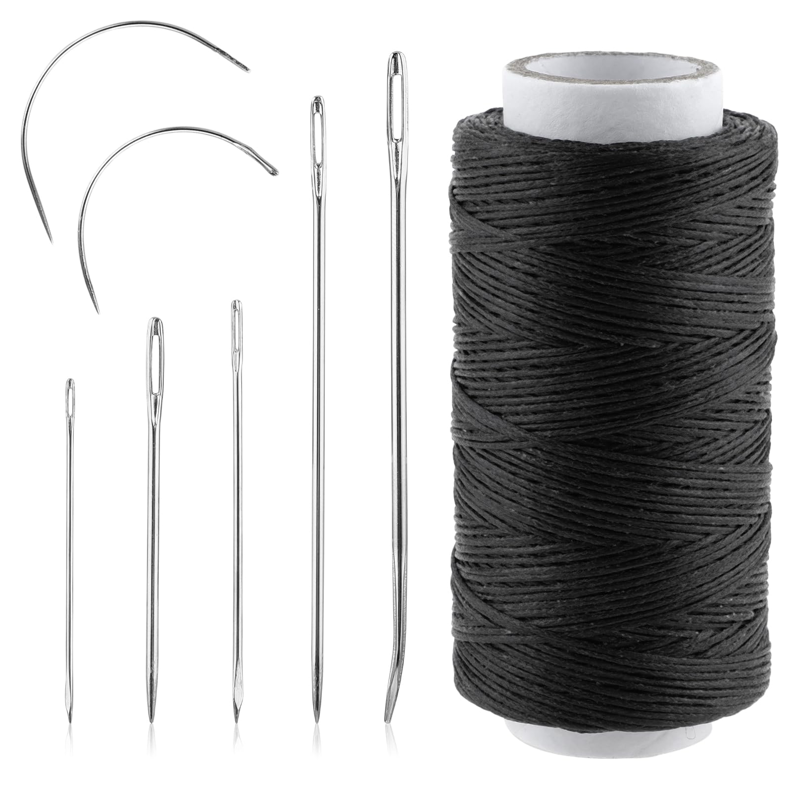 Leather Waxed Thread, Sewing Waxed Thread with 7pcs Sewing Needles, Repair Sewing Thread Kit for Bookbinding, Shoe Repairing, Leather Repairing Craft DIY (Black)