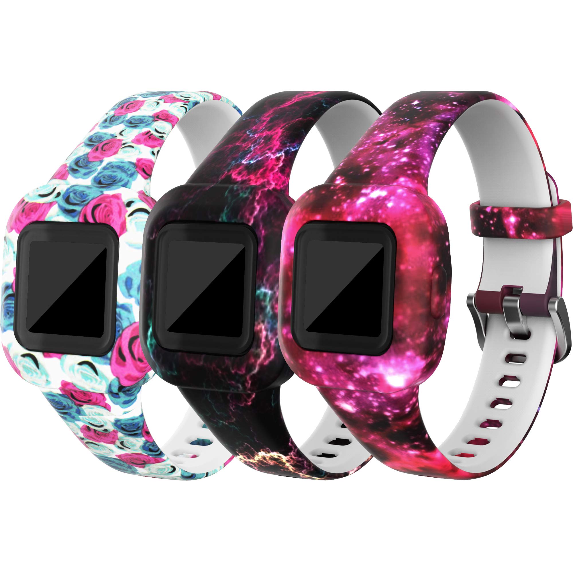 TenCloud Straps Compatible with Garmin Vivofit jr.3 Strap, (3-Pack) Replacement Soft Silicone Wristband Pattern Floral Band Armbands for Kids 4+ for Vivofit jr.3 Fitness Tracker (3A)