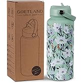 Goetland Flowers Water Bottle Beverage Bottle with Straw Lid 32 oz Stainless Steel Wide Mouth Vacuum Insulated Cute UV Printing Leak Proof For Women Girls Kids Light Green
