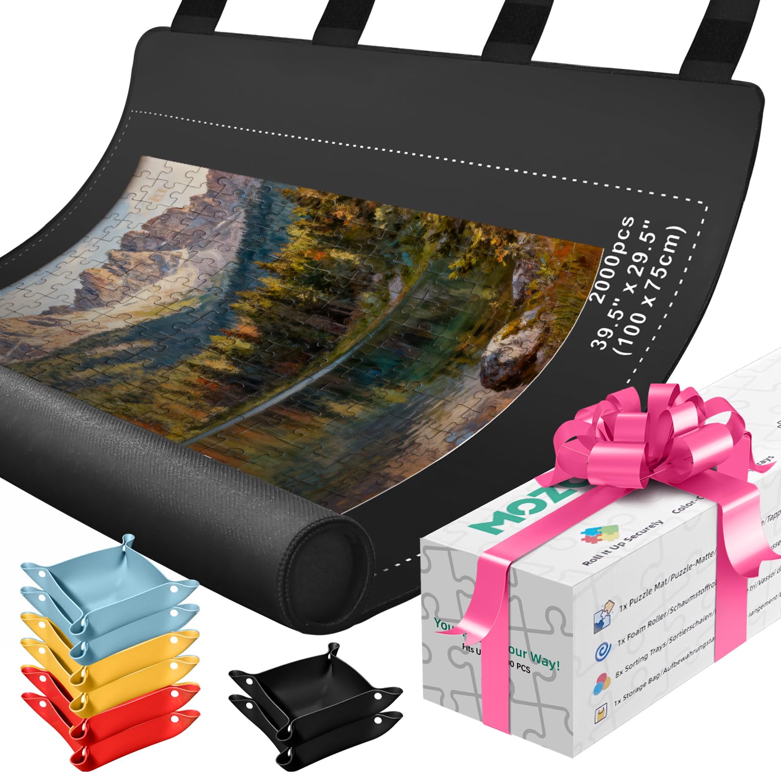 MOZOOSON Jigsaw Mat Roll Up, Rubber Puzzle Mat 120cm W x 80cm H, Storage Up to 2000 Pieces, Jigsaw Accessories for Storage and Travel - Includes Tube, Straps & Gift Box