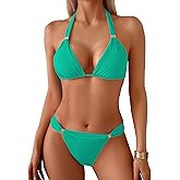 TASHEHE Women's Triangle Ruched Bikini Set Sexy Two Piece Swimsuit Halter Sliding Rings Bathing Suit