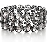 EVER FAITH Elegant Austrian Rhinestones Double Layers Teardrop Marquise Elastic Stretch Bracelet for Women Gray Black-Tone