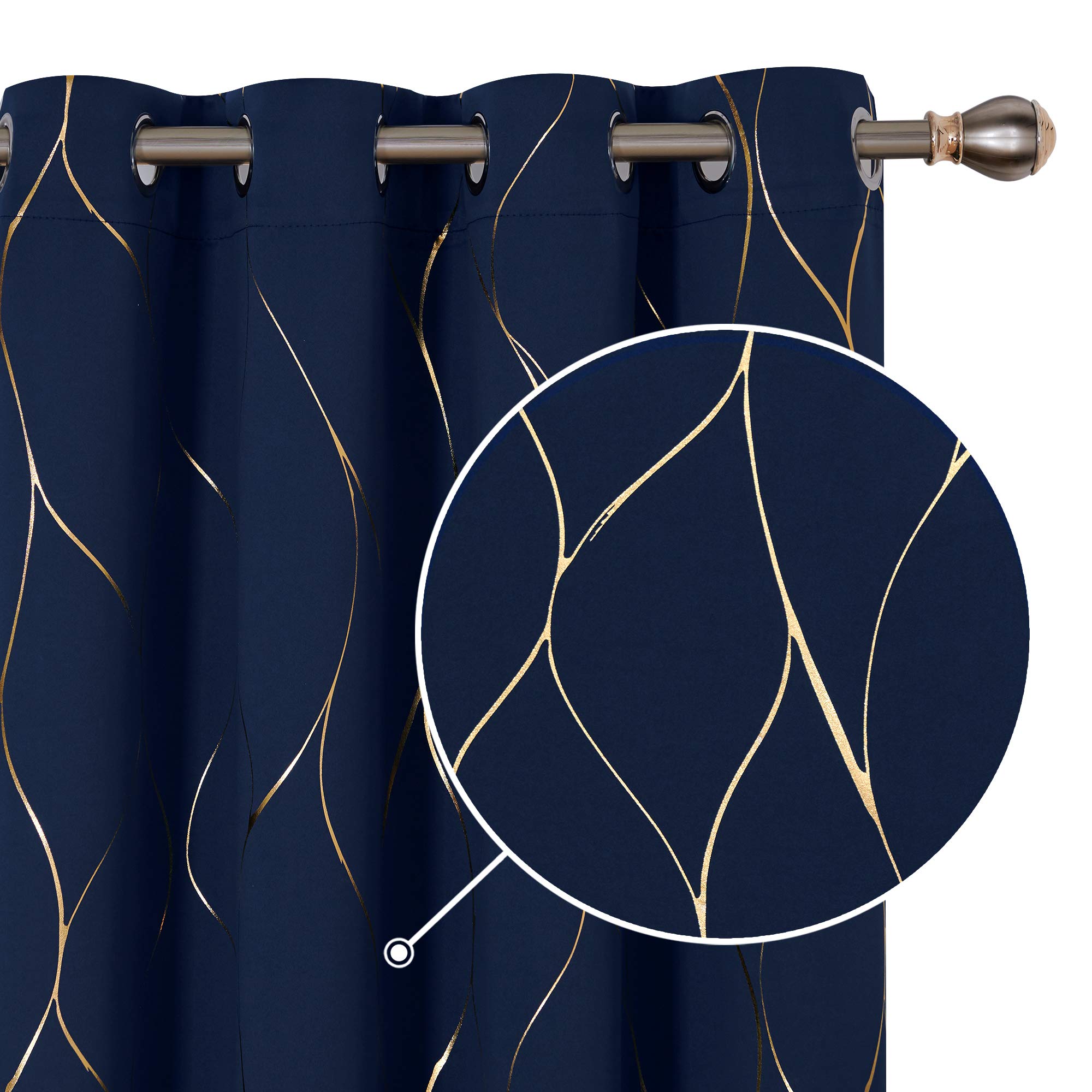 Deconovo Eyelet Curtains, Blackout Home Decoration Thermal Insulated Gold Wave Foil Printed Material Curtains for Boys Bedroom, 46 x 54 Inch (Width x Length), Navy Blue, One Pair