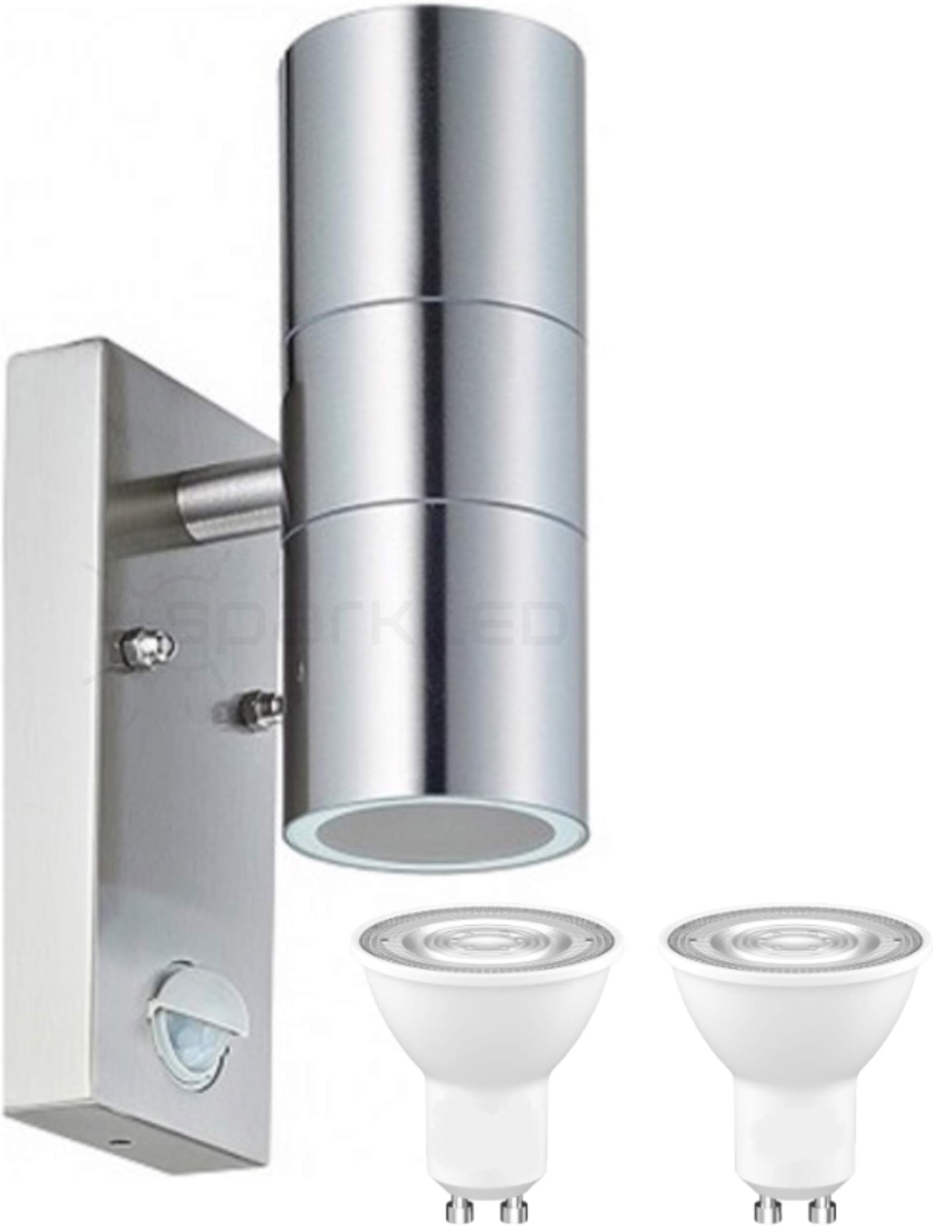 sparkLED Up & Down Wall Light with PIR Sensor Including Light Bulbs | Stainless Steel Silver (Lamp Colour: Cool White)