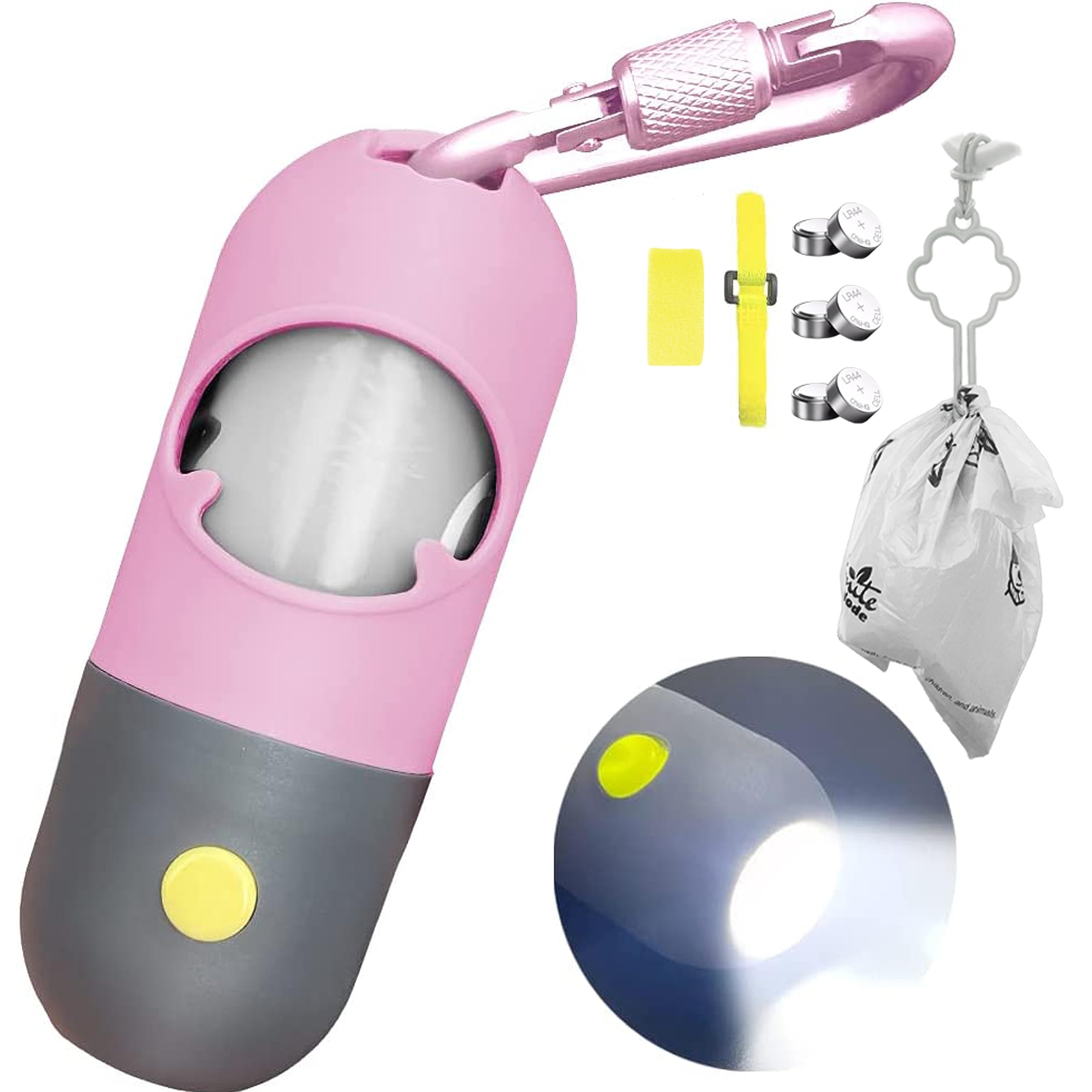 Dog Poo Bag Holder with Built-in LED Torch and Metal Clip for Lead, Each Poo Bag Dispenser Includes 15 Dog Poo Bags (Pink)