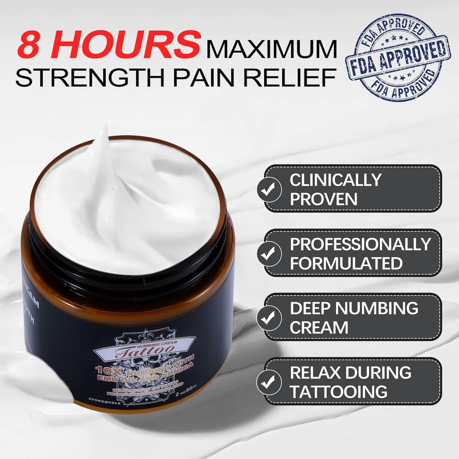 8 Hours Maximum Strength Tattoo Numbing Cream (2oz/ 60ml), Numbing Cream for Tattoos Extra Strength with 10x Numbing, Emu Oil and Arnica - 2oz/ 60ml