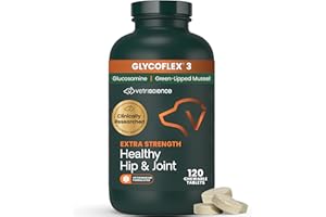 VetriScience Extra Strength Healthy Hip & Joint Chewable Tablets, GlycoFlex Glucosamine and Green-Lipped Mussel Joint Support Supplement for Dogs, Soothe Joint Discomfort, Chicken, 120 Count