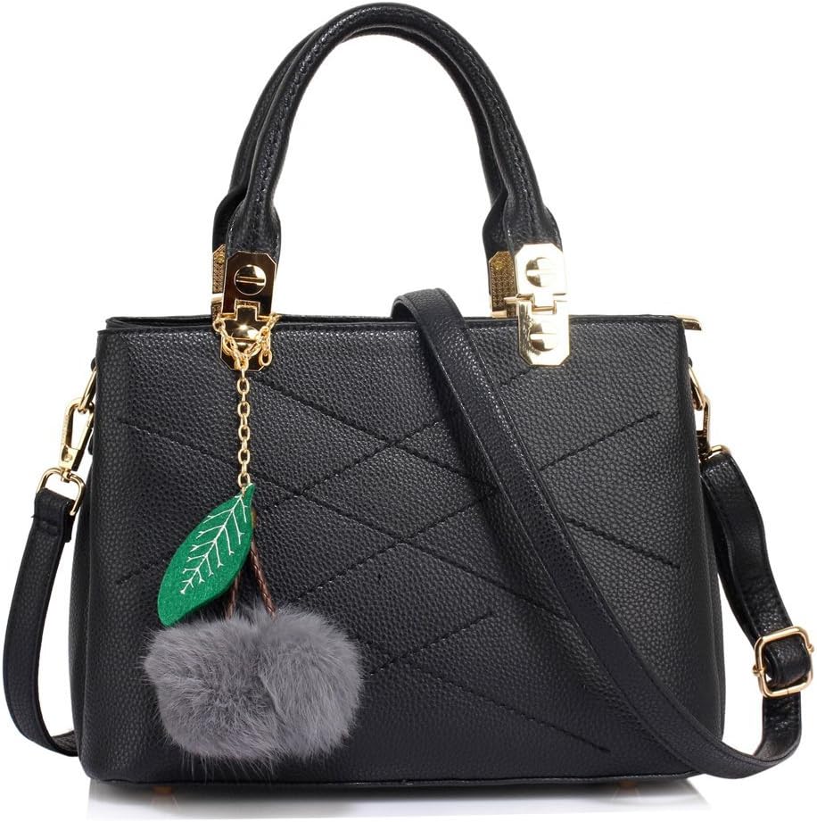 LnB Ladies Fashion Black Tote Shoulder Bag With Faux-Fur Charm - AG00537-S