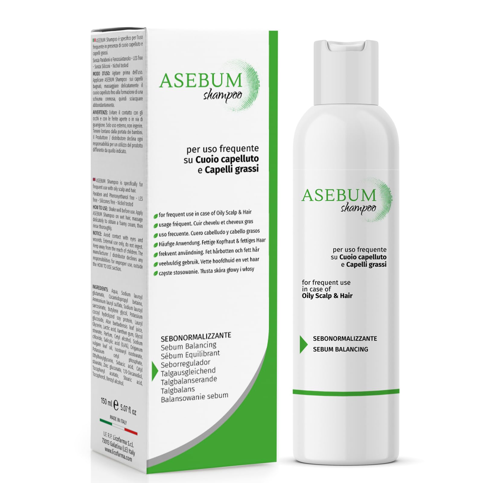 Asebum Shampoo Specific for Oily Hair | Normalizes the Scalp | Sebum-Regulating Action | Natural Formulation | Daily Use | 150 ml Bottle