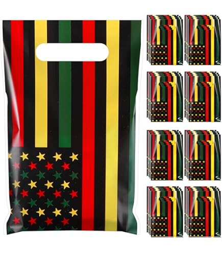 100 Pcs Juneteenth Party Bags - Red Yellow Green Black Cellophane Treat Bags With Twist Ties