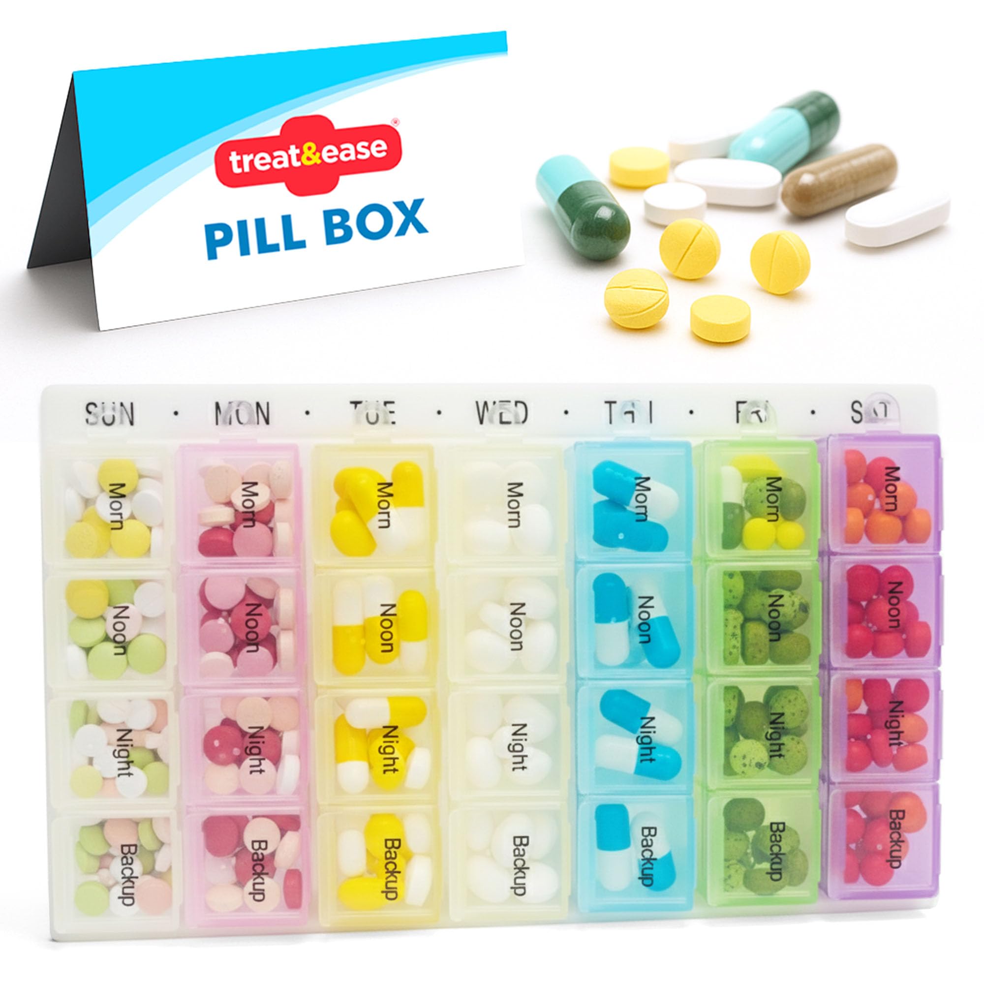 Treat & Ease Weekly Pill Organiser 7 Day 4 Times a Day - Colourful Compartments, Portable Storage Medication Organizer and Easy-to-Lift Lids, Ideal for Daily Supplements and Elderly Travel Tablet Box