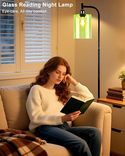 LIGHTDOT 64IN GLASS FLOOR LAMP FOR LIVING ROOM, MODERN STANDING LAMPS WITH GREEN RIBBED GLASS LAMPSHADE& BULB INCLUDED, INDUSTRIAL FLOOR LAMP FOR BEDROOM/SOFA BESIDE/CORNER DECOR-BLACK