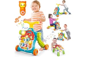 TERRAMUS 5 in 1 Baby Walker Sit-to-Stand Toys, Learning Walker for Boys Girls Toddler, Multifunctional Educational Activity Center Removable Play Panel, Push Walker Toys Gifts for Infant 6-18 Months
