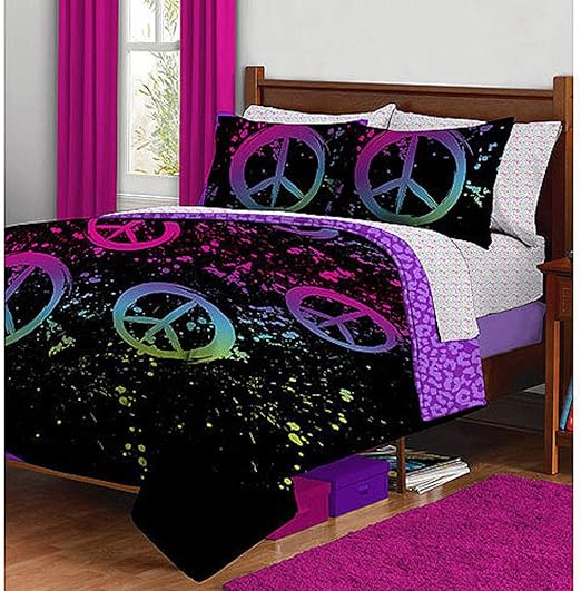 Amazon Com Black Purple Pink Peace Sign Queen Girls Comforter Set