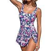 CUPSHE Women's One Piece Swimsuit Bathing Suit Scoop Neck Swimdress Wide Straps Tie Knot Swim Skirt