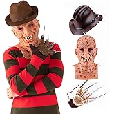 vickkt 4PCS Halloween Scary Krueger Costume for Men Red Striped Sweater Creepy Mask Steel Claw Glove Cowboy Hat Adult