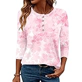 LOMON 3/4 Length Sleeve Womens Tops Dressy Casual Crewneck Pullover Tunics Summer Cute Blouses Fashion 2025 Tees Shirts