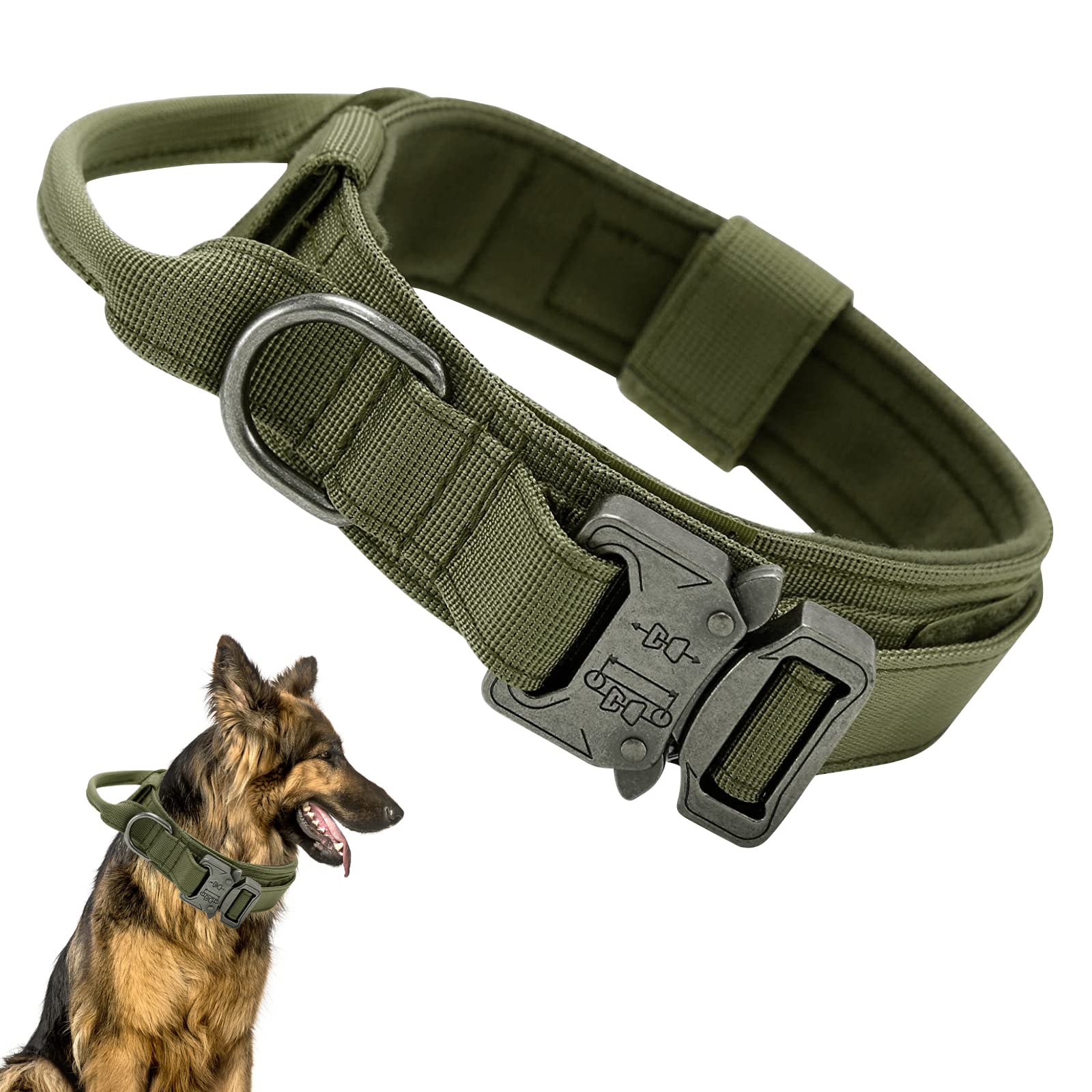 Ledeak Tactical Dog Collar, Padded Breathable Soft Nylon Pet Collar with Heavy-Duty Metal Buckle, Adjustable Basic Military Dog Collar with Handle for Medium Large Dogs (L, Green)